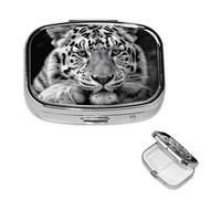 Petit pilulier à 2 compartiments, noir et blanc Tigre Pilulier quotidien portable en métal pour poche, sac à main, boîte à pilules de voyage avec miroir carré, support de médicaments et vitamines