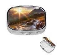 Petit pilulier à 2 compartiments, paysage de lever de soleil en montagne, pilulier portable en métal pour poche, sac à main, boîte à pilules de voyage avec miroir carré, support de médicaments et
