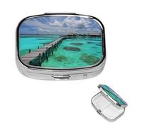 Petit pilulier à 2 compartiments, paysage des Maldives, pilulier portable en métal pour poche, sac à main, boîte à pilules de voyage avec miroir carré, support de médicaments et vitamines, cadeau