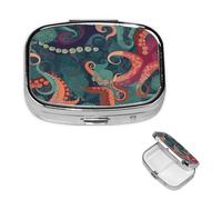 Petit pilulier à 2 compartiments, pilulier abstrait en forme de pieuvre - En métal - Portable - Organisateur de pilules de poche - Avec miroir carré - Porte-vitamines - Cadeau unique