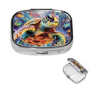 Petit pilulier à 2 compartiments, pilulier coloré en forme de tortue de mer, organiseur de pilules portable en métal pour poche, sac à main, boîte à pilules de voyage avec miroir carré, support de