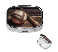 Petit pilulier à 2 compartiments, pilulier de baseball sur bois, organiseur quotidien portable en métal pour poche, sac à main, boîte à pilules de voyage avec miroir carré, support de médicaments et