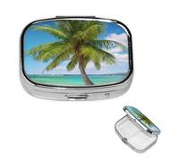 Petit pilulier à 2 compartiments, pilulier de plage en forme de palmier en métal portable pour poche, sac à main, boîte à pilules de voyage avec miroir carré, support de médicaments et vitamines