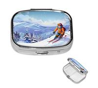 Petit pilulier à 2 compartiments, pilulier de ski d'hiver portable en métal pour poche, sac à main, boîte à pilules de voyage avec miroir carré, porte-médicaments, porte-vitamines, cadeau unique