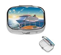 Petit pilulier à 2 compartiments, pilulier d'été en mer, boîte à pilules portable en métal pour poche, sac à main, boîte à pilules de voyage avec miroir carré, support de médicaments et vitamines