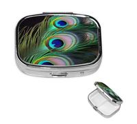 Petit pilulier à 2 compartiments, pilulier en métal portable en forme de plume de paon vert pour poche, sac à main, boîte à pilules de voyage avec miroir carré, support de vitamines et médicaments