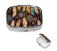 Petit pilulier à 2 compartiments, pilulier vintage ethnique tribal en métal portable pour poche, sac à main, boîte à pilules de voyage avec miroir carré, support de vitamines, cadeau unique