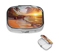 Petit pilulier à 2 compartiments, plage tropicale au coucher du soleil, pilulier quotidien portable en métal pour poche, sac à main, boîte à pilules de voyage avec miroir carré, support de médicaments