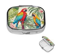 Petit pilulier à 2 compartiments, plantes tropicales et perroquets, pilulier quotidien portable en métal pour poche, sac à main, boîte à pilules de voyage avec miroir carré, support de médicaments et