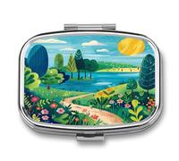 Petit pilulier à 2 compartiments - Portable - Paysage rural - Peinture imprimée - Pour poche ou sac à main - Pilulier en métal - Organiseur de vitamines