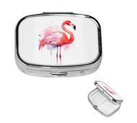Petit pilulier à 2 compartiments, rose flamant rose aquarelle, organiseur de pilules portable en métal pour poche, sac à main, boîte à pilules de voyage avec miroir carré, support de médicaments et