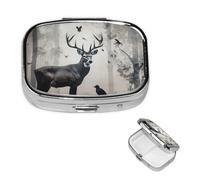 Petit pilulier à 2 compartiments, silhouette de cerf de chasse, pilulier portable en métal pour poche, sac à main, boîte à pilules de voyage avec miroir carré, support de médicaments et vitamines