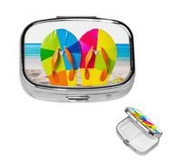 Petit pilulier à 2 compartiments, tongs colorées, boîte à pilules pour balle de plage, pilulier portable en métal pour poche, sac à main, boîte à pilules de voyage avec miroir carré, support de