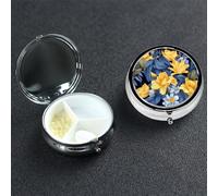Petit pilulier à 3 compartiments, base bleue, jaune floral, organiseur de pilules portable en métal pour poche, sac à main, boîte à pilules de voyage avec miroir rond et support de vitamines cadeau