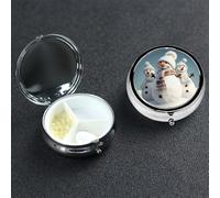 Petit pilulier à 3 compartiments, bonhomme de neige Happy Snowman, organiseur de pilules quotidien portable en métal pour poche, sac à main, boîte à pilules de voyage avec miroir rond, support de