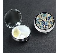 Petit pilulier à 3 compartiments, élégant pilulier floral bleu doré en métal portable pour poche, sac à main, boîte à pilules de voyage avec miroir rond porte-médicaments et vitamines, cadeau unique