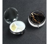 Petit pilulier à 3 compartiments, en marbre noir et doré, organiseur de pilules quotidien portable en métal pour poche, sac à main, boîte à pilules de voyage avec miroir rond, support de médicaments