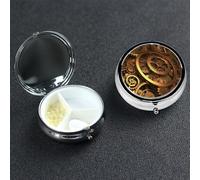 Petit pilulier à 3 compartiments, engrenages steampunk cool, boîte à pilules portable en métal pour poche, sac à main, boîte à pilules de voyage avec miroir rond, support de médicaments et vitamines,