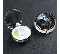 Petit pilulier à 3 compartiments, gothique, Happy Halloween, pilulier portable en métal pour poche, sac à main, boîte à pilules de voyage avec miroir rond, support de médicaments et vitamines, cadeau