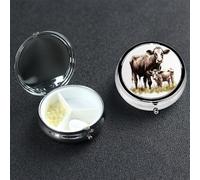 Petit pilulier à 3 compartiments, peinture de vache - Pilulier quotidien portable en métal pour poche, sac à main, boîte à pilules de voyage avec miroir rond - Support pour médicaments et vitamines -