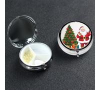 Petit pilulier à 3 compartiments, Père Noël, arbre de Noël, pilulier portable en métal pour poche, sac à main, boîte à pilules de voyage avec miroir rond et support de vitamines Cadeau unique