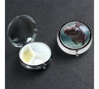 Petit pilulier à 3 compartiments, pilulier de plongée Hippopotame en métal portable pour poche, sac à main, boîte à pilules de voyage avec miroir rond, support de médicaments et vitamines, cadeau