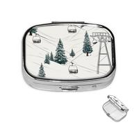 Petit pilulier avec 2 compartiments - Élévateur de ski avec sapin - Pour poche ou sac à main - Mini pilulier en métal - Portable - Pour transporter des suppléments et des vitamines