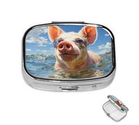 Petit pilulier avec 2 compartiments en forme de cochon bleu pour poche ou sac à main, mini pilulier portable en métal pour contenir des suppléments et des vitamines