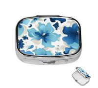 Petit pilulier avec 2 compartiments - Fleurs bleues et blanches - Pilulier pour poche ou sac à main - Mini pilulier portable en métal - Pilulier de voyage pour contenir des suppléments et des