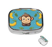 Petit pilulier avec 2 compartiments Motif singe et banane Pour poche ou sac à main Mini pilulier portable en métal pour contenir des suppléments et des vitamines