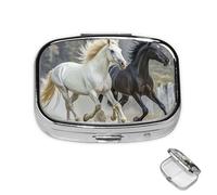 Petit pilulier avec 2 compartiments noir et blanc - Chevaux en cours d'exécution - Pour poche ou sac à main - Mini pilulier portable en métal - Pour transporter des suppléments et des vitamines