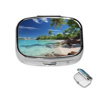 Petit pilulier avec 2 compartiments Paradis tropical pour poche ou sac à main, mini pilulier portable en métal pour contenir des suppléments et des vitamines