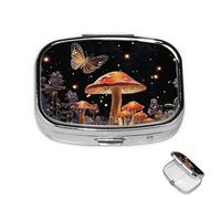 Petit pilulier avec 2 compartiments pour champignons et papillons - Pilulier pour poche ou sac à main - Mini pilulier portable en métal pour contenir des suppléments et des vitamines