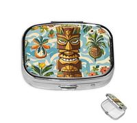 Petit pilulier avec 2 compartiments vintage Aloha Tiki pour poche ou sac à main, mini pilulier en métal portable pour contenir des suppléments et des vitamines