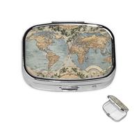 Petit pilulier avec 2 compartiments vintage avec carte du monde ancien pour poche ou sac à main, mini pilulier portable en métal pour contenir des suppléments et des vitamines