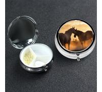 Petit pilulier avec 3 compartiments - Chevaux amoureux - Pilulier pour poche ou sac à main - Mini pilulier en métal portable pour transporter des suppléments et des vitamines