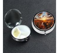 Petit pilulier avec 3 compartiments - Coucher de soleil sur champ de tournesol - Pour poche ou sac à main - Mini pilulier en métal - Portable - Pour contenir des suppléments et des vitamines