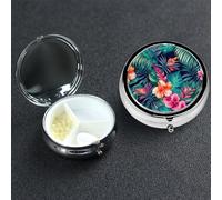 Petit pilulier avec 3 compartiments et feuilles tropicales pour poche ou sac à main - Mini pilulier en métal portable pour contenir des suppléments et des vitamines