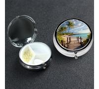 Petit pilulier avec 3 compartiments - Palmiers, plage, mer, océan - Pour poche ou sac à main - Mini pilules en métal - Portable - Pour contenir des suppléments et des vitamines
