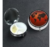 Petit pilulier avec 3 compartiments rouge et marron carte du monde pour poche ou sac à main, mini pilulier en métal portable pour les médicaments de voyage pour contenir des suppléments et des