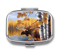 Petit pilulier carré avec 2 compartiments en métal - Motif feuilles de bouleau d'automne - Pour voyage et vitamines