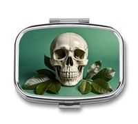 Petit pilulier carré avec fond vert tête de mort et feuilles avec 2 compartiments en métal portable pour médicaments de voyage et vitamines pour sac à main