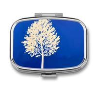 Petit pilulier carré blanc en forme d'arbre avec 2 compartiments - Organiseur de médicaments portable en métal - Mini médicament de voyage - Supplément de vitamines pour sac à main