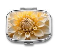 Petit pilulier carré blanc en forme de dahlia avec 2 compartiments - Organiseur de médicaments portable en métal - Mini boîte à médicaments de voyage pour supplément de vitamines pour sac à main