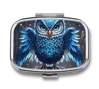 Petit pilulier carré bleu en forme de hibou avec 2 compartiments - Organiseur de médicaments portable en métal - Mini médicament de voyage - Conteneur de supplément de vitamines pour sac à main
