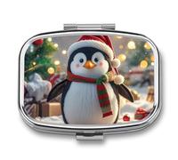 Petit pilulier carré de Noël amusant en forme de pingouin avec 2 compartiments - Organiseur de médicaments portable en métal - Mini médicament de voyage - Supplément de vitamines pour sac à main