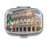 Petit pilulier carré du Colisée romain avec drapeau italien avec 2 compartiments - Organiseur de médicaments portable en métal - Mini médicament de voyage - Supplément de vitamines pour sac à main