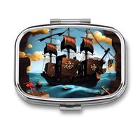 Petit pilulier carré en forme de bateau de dessin animé avec 2 compartiments - Organiseur de médicaments portable en métal - Mini médicament de voyage - Supplément de vitamines pour sac à main