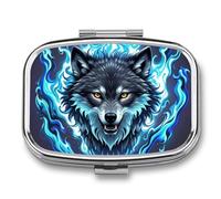 Petit pilulier carré en forme de tête de loup dans des flammes bleues avec 2 compartiments - Organiseur portable en métal pour médicaments de voyage, vitamines et sac à main