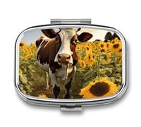 Petit pilulier carré en forme de vache dans des tournesols avec 2 compartiments - Organiseur de médicaments portable en métal - Mini médicament de voyage - Supplément de vitamines pour sac à main